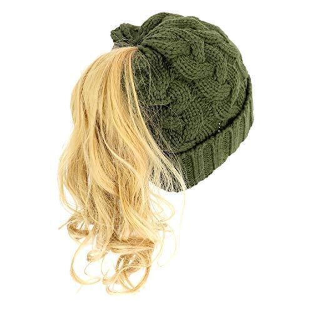 6745 Cable Knit Messy Bun Hair Winter Ponytail Beanie Cap - Olive